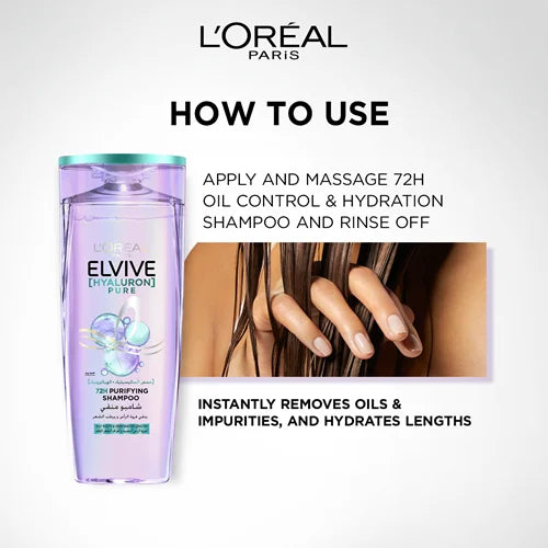 L'Oreal Elvive Hyaluron Pure 72H Purifying Shampoo with Salicylic & Hyaluronic Acids for Oily Scalp & Dehydrated Lengths, 200ml