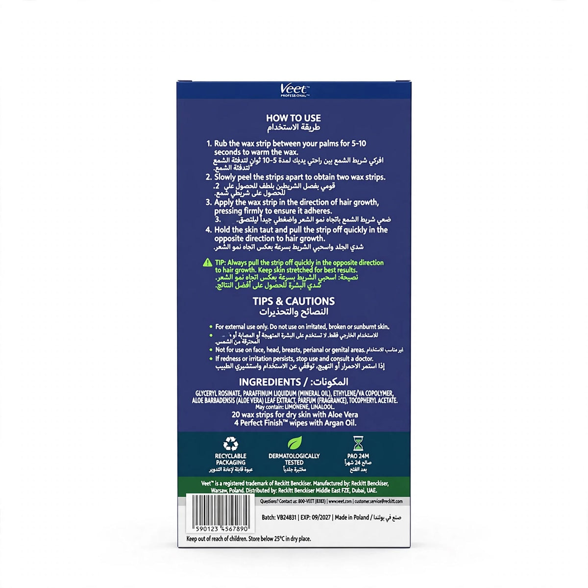 Veet Professional Wax Strips with Aloe Vera for Legs and Body 20 Strips