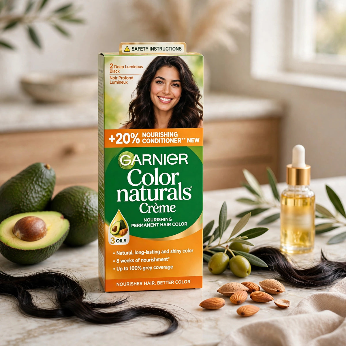 Garnier Color Naturals Nourishing Permanent Hair Dye Cream with 3 Oils Deep Luminous Black 2, 1 Pack