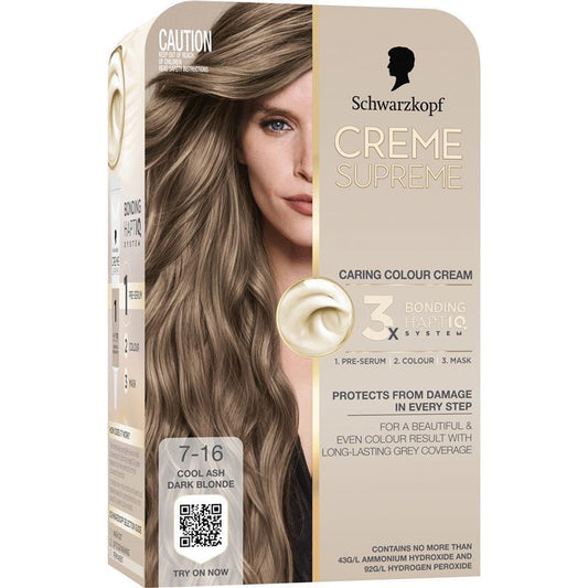 Schwarzkopf Creme Supreme Full Kit Permanent Hair Coloration 7-16 Cool Ash Dark Blonde