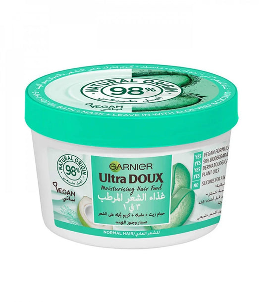 Garnier Ultra Doux 3in1 Moisturizing Hair Food Treatment with Coconut & Aloe Vera Extracts for Normal Hair, 390ml