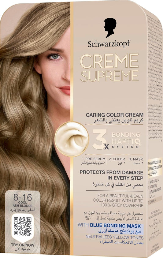 Schwarzkopf Creme Supreme Full Kit Permanent Hair Coloration 8-16 Cool Ash Blonde
