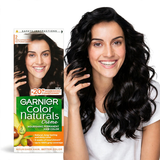 Garnier Color Naturals Nourishing Permanent Hair Dye Cream with 3 Oils Deep Luminous Black 2, 1 Pack