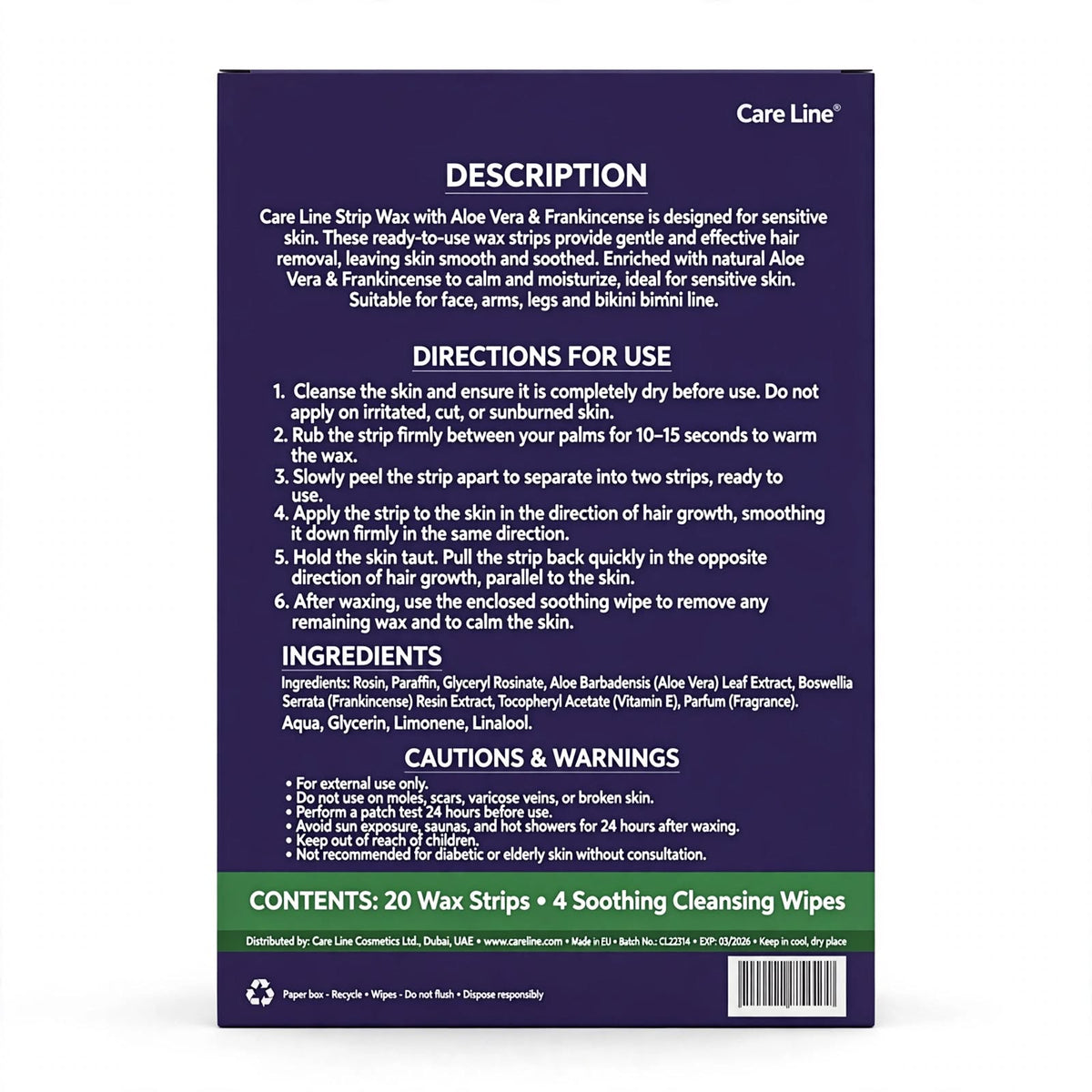 Care Line Sensitive Skin Wax Strips with 4 Wipes