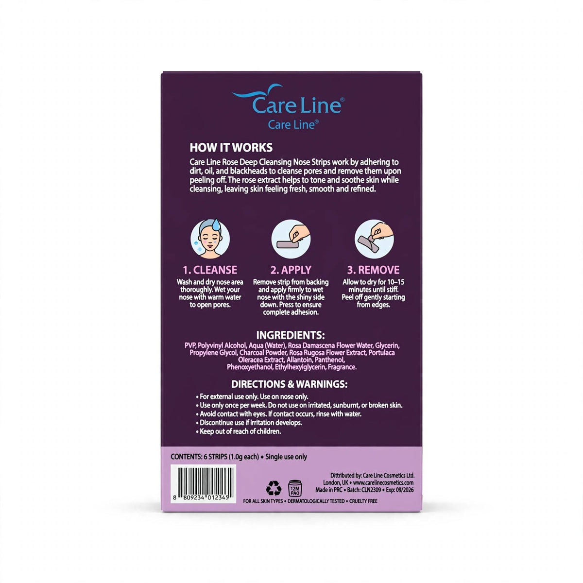 Care Line Rose Deep Cleansing Pore Strips for Toning 6 Strips