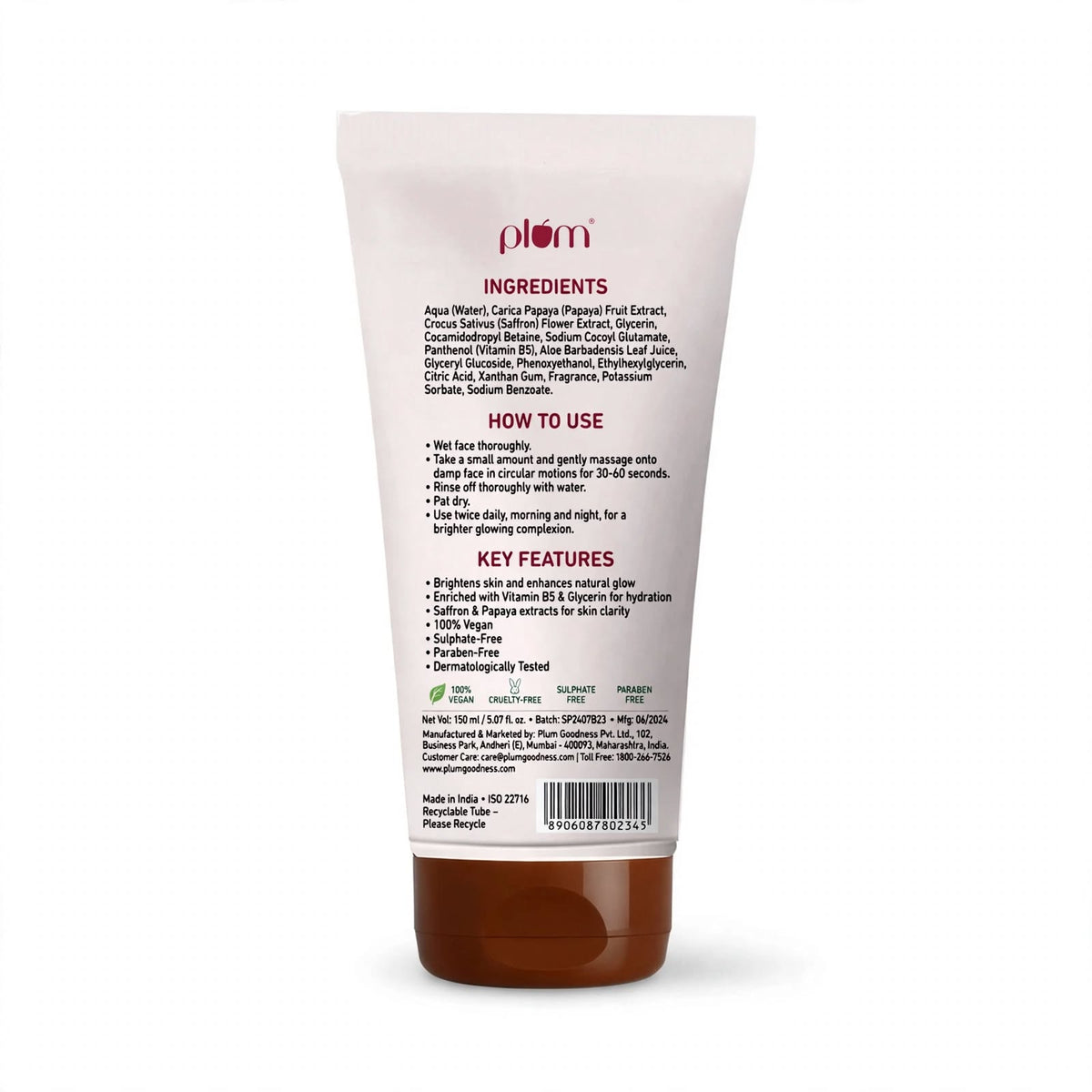 Plum Saffron & Papaya Glow Facial Cleanser 150ml