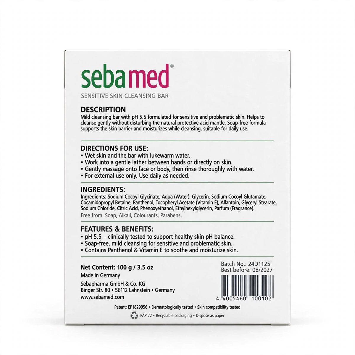 Sebamed Sensitive Skin Gentle Cleansing Bar 100g