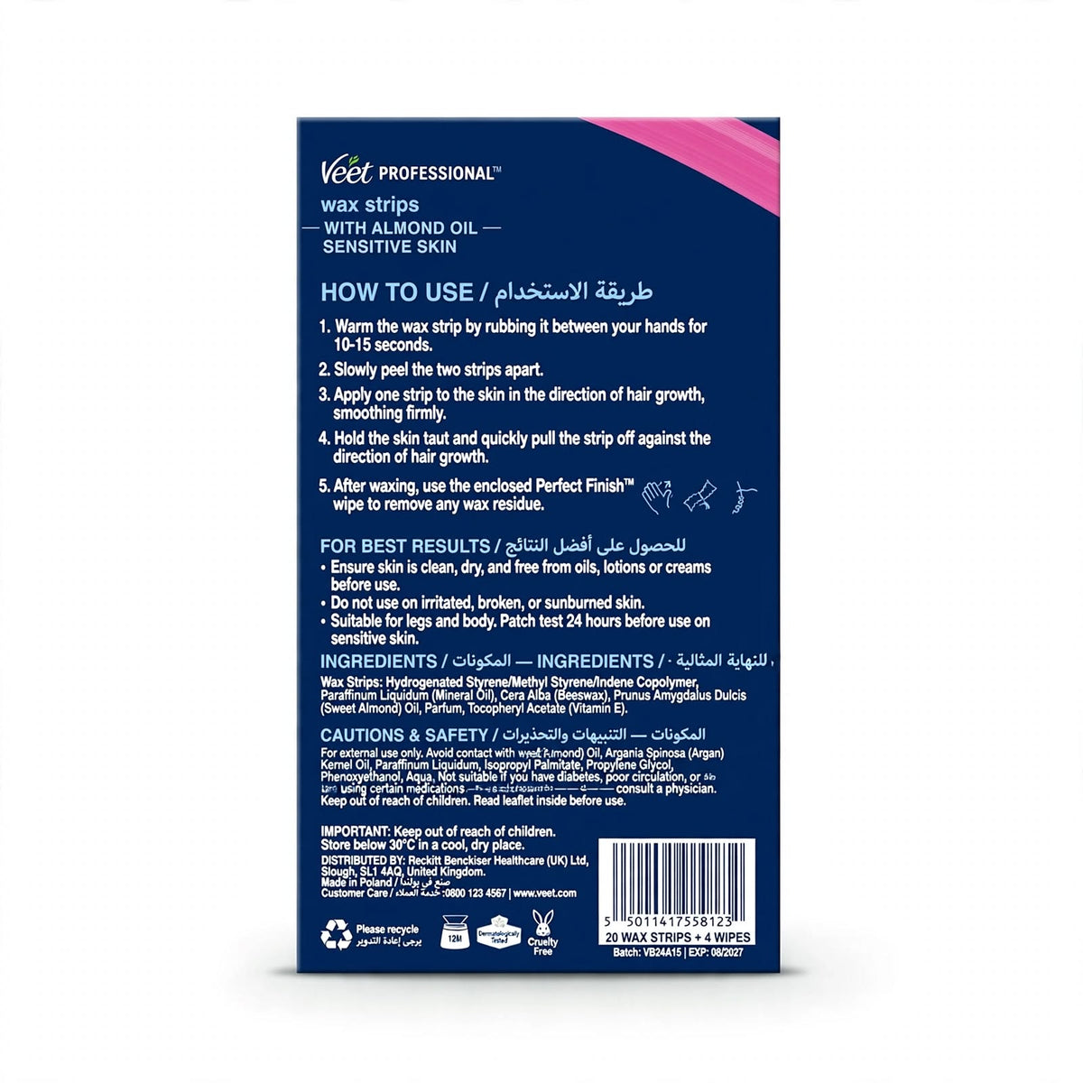 Veet Professional Wax Strips with Almond Oil for Legs and Body 20 Strips