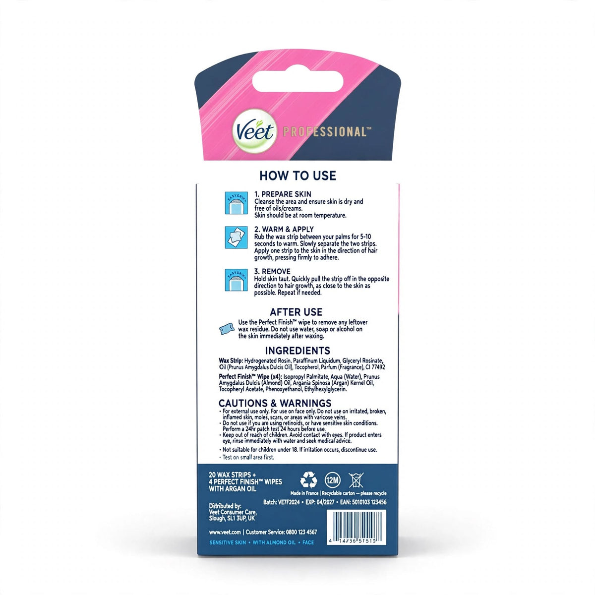Veet Almond Oil Facial Wax Strips for Sensitive Skin 20 Pieces
