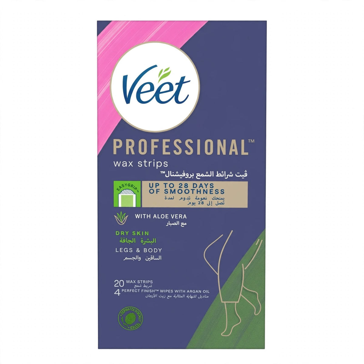 Veet Professional Aloe Vera Wax Strips for Dry Skin Legs & Body 20 Strips