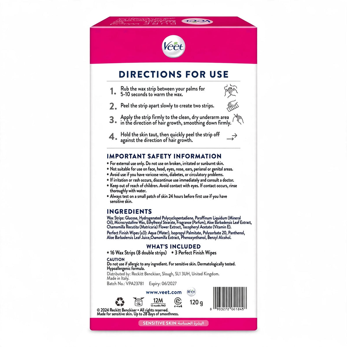 Veet Pure Underarm Wax Strips with Perfect Finish Wipes 16 Strips