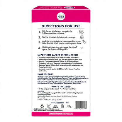 Veet Pure Underarm Wax Strips with Perfect Finish Wipes 16 Strips